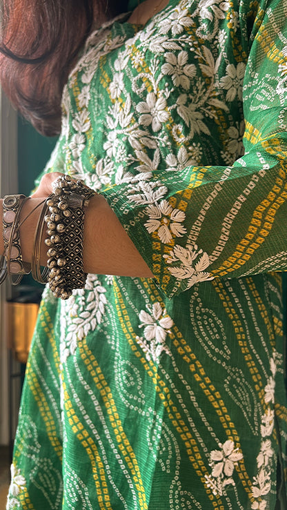 Ulfat Panna Green Bandhej-Chikan Kurta