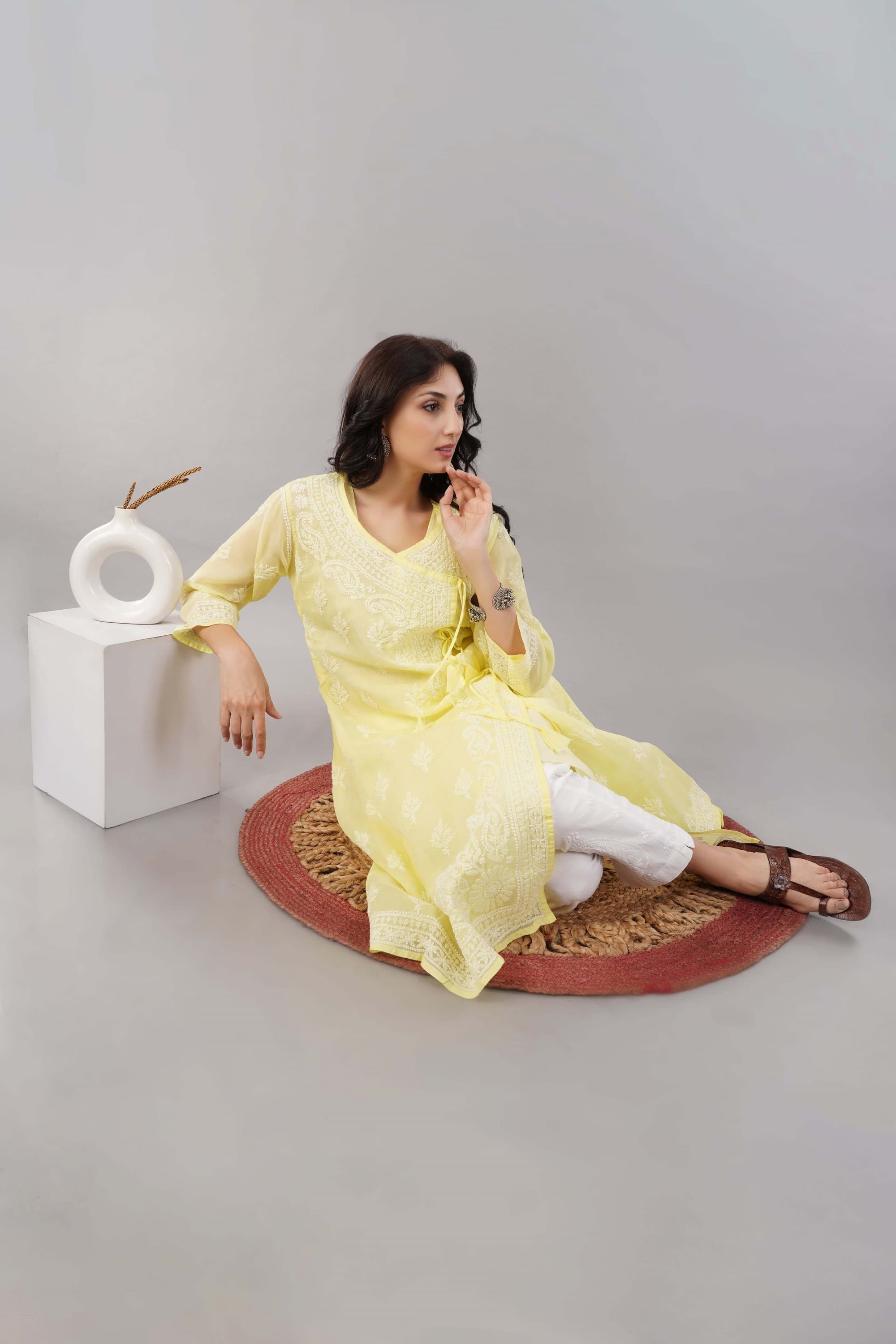 Zard Aish Hand Embroidered Angrakha Cotton kurta