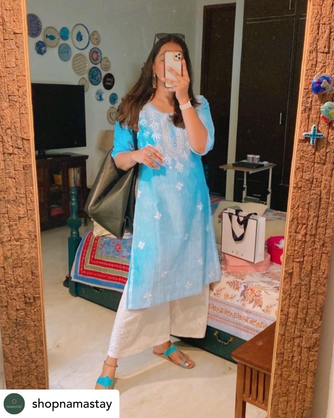 Zeenat_Denim_Blue_Hand_Embroiderd_Cotton_Kurta_shop_Namastay