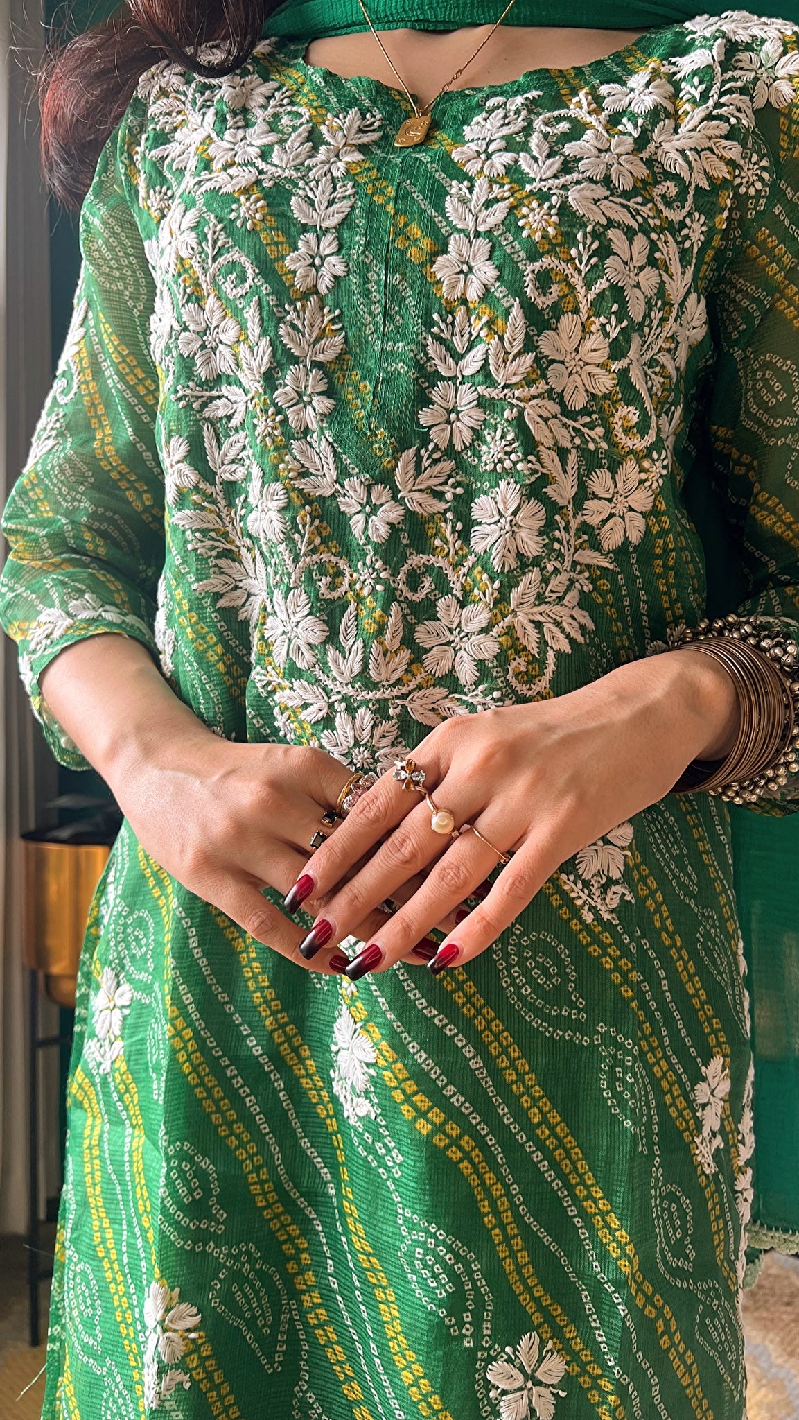 Ulfat Panna Green Bandhej-Chikan Cotton Kurta