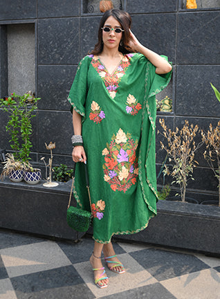 Pine Green Aari Embroidered Kashmiri Long Cotton Kaftan