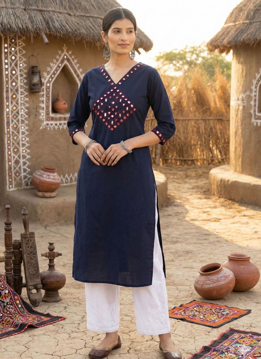 Safa Blue Kutch Mirror Work Cotton Long Kurta
