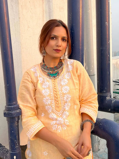 Zeenat Light Yellow Hand Embroiderd Kurta