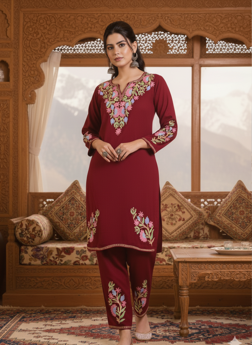 Mona Maroon Kashmiri Woollen Kurta Set with Pants