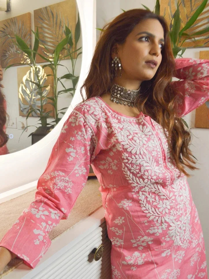 mulmul rani pink hand embroiderd kurta 2