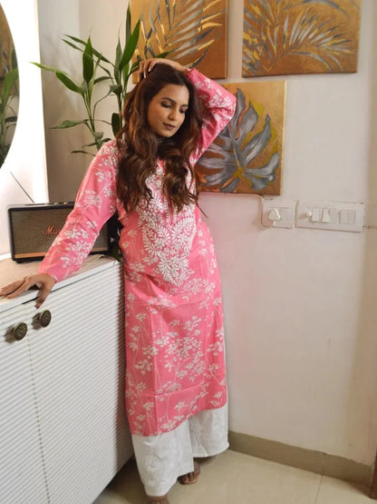 mulmul rani pink hand embroiderd kurta 3