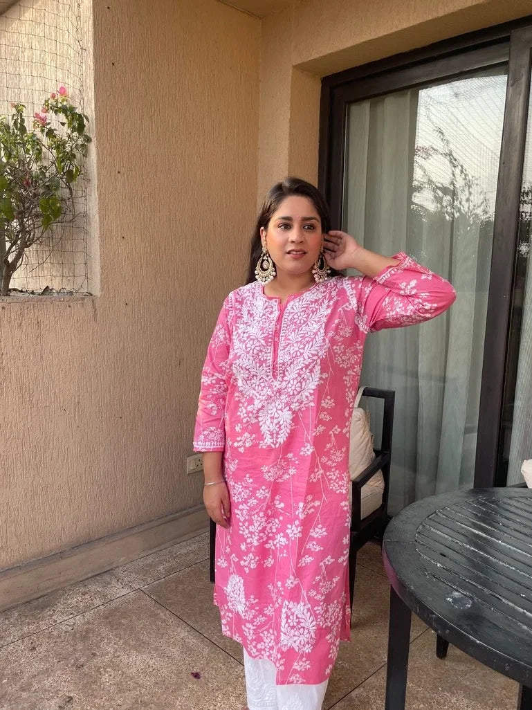 mulmul rani pink hand embroiderd kurta 4
