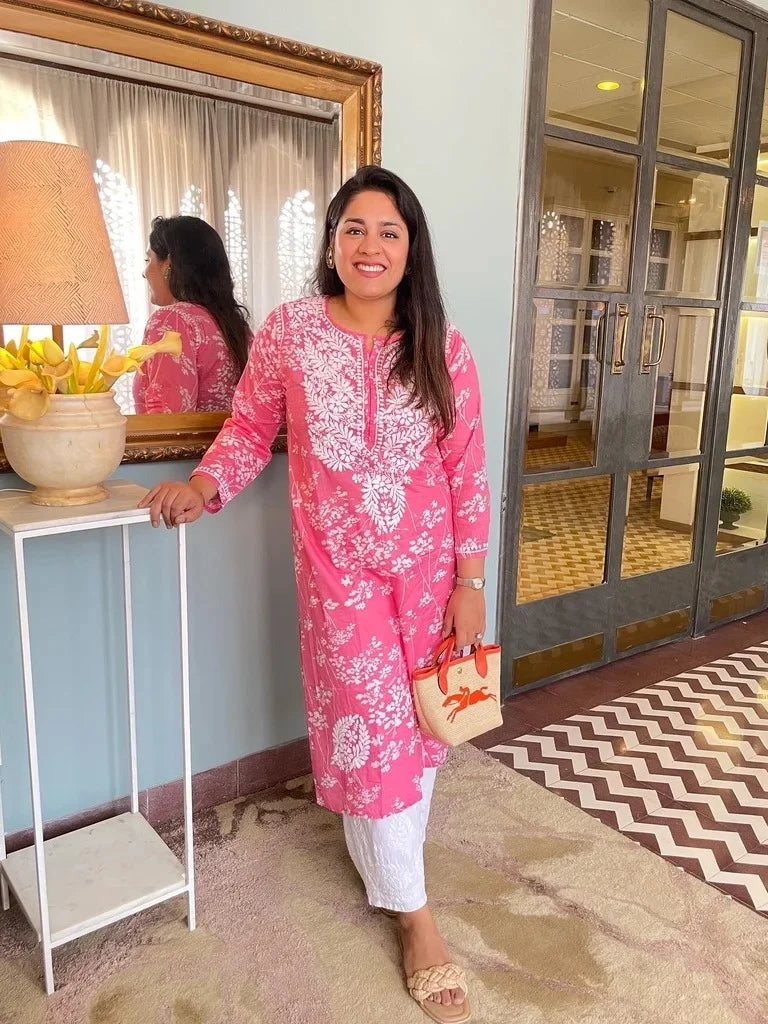 mulmul rani pink hand embroiderd kurta 5