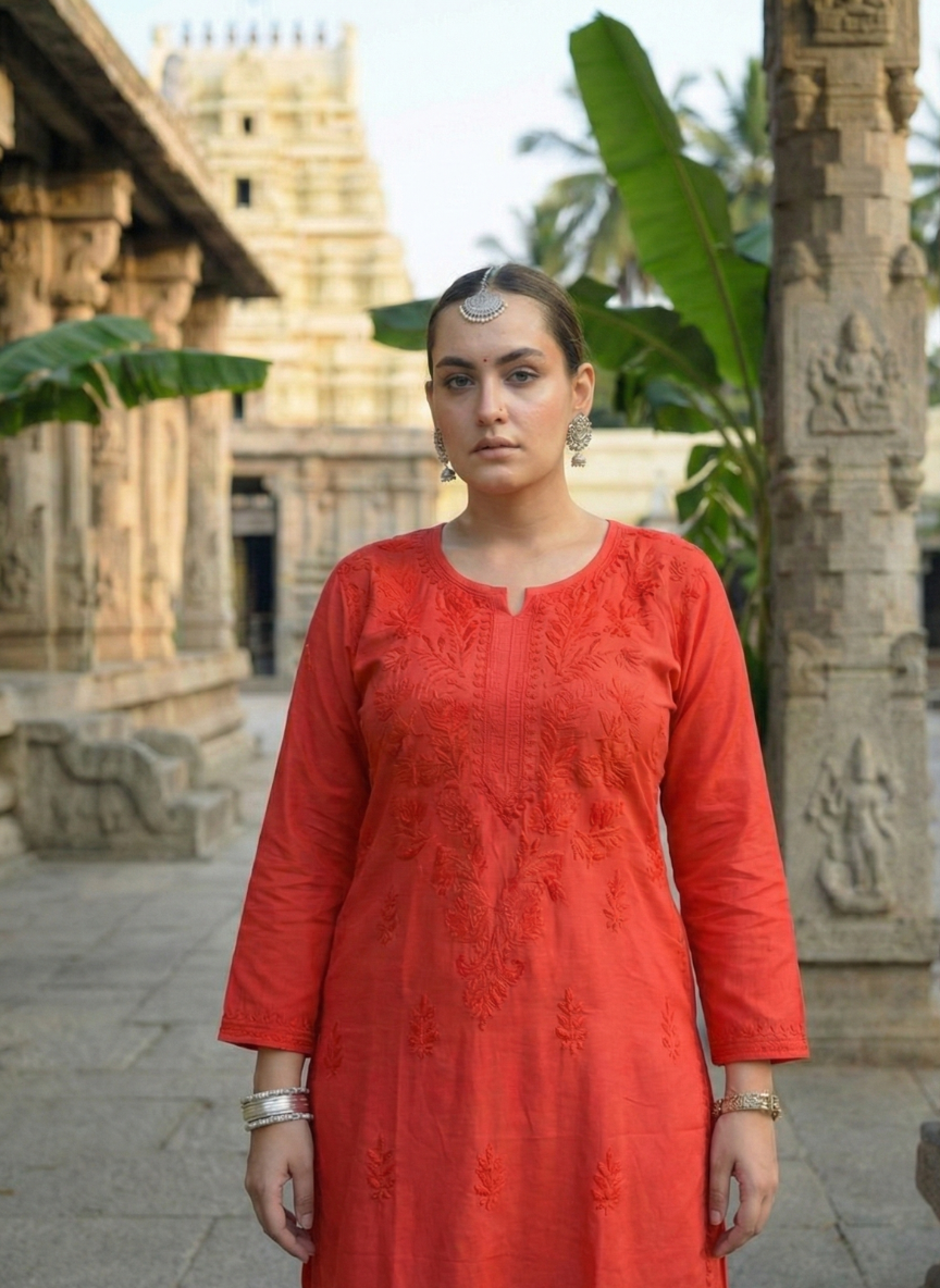 Noora Surkh Red Chanderi Chikankari Kurta