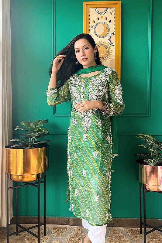 panna green bandhej chikan kurta 1