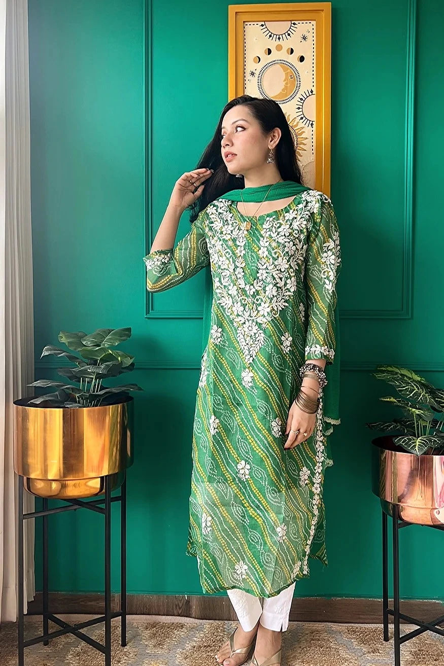 panna green bandhej chikan kurta 2
