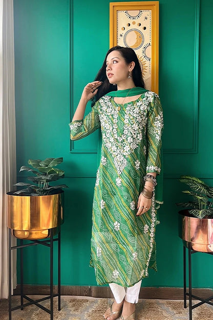 panna green bandhej chikan kurta 2