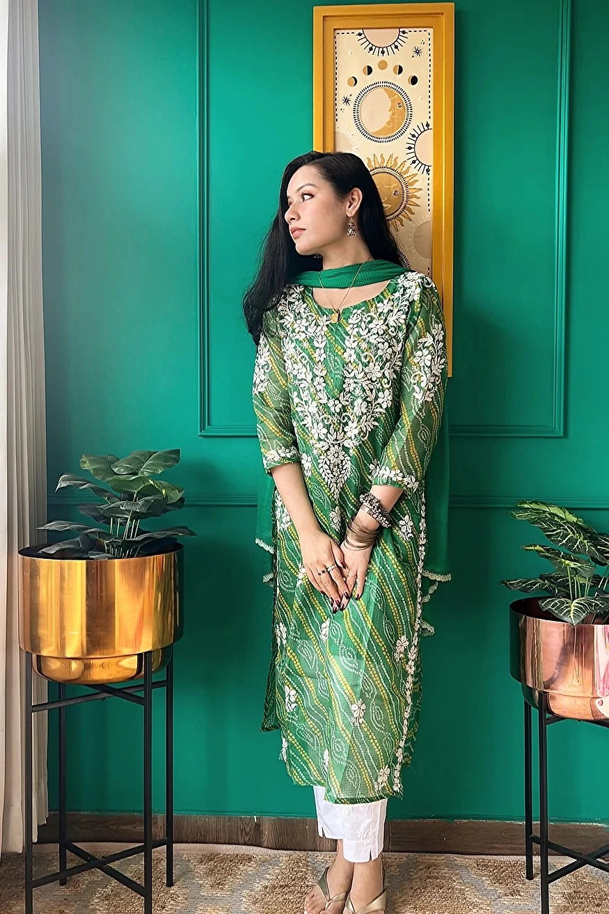 panna green bandhej chikan kurta 3