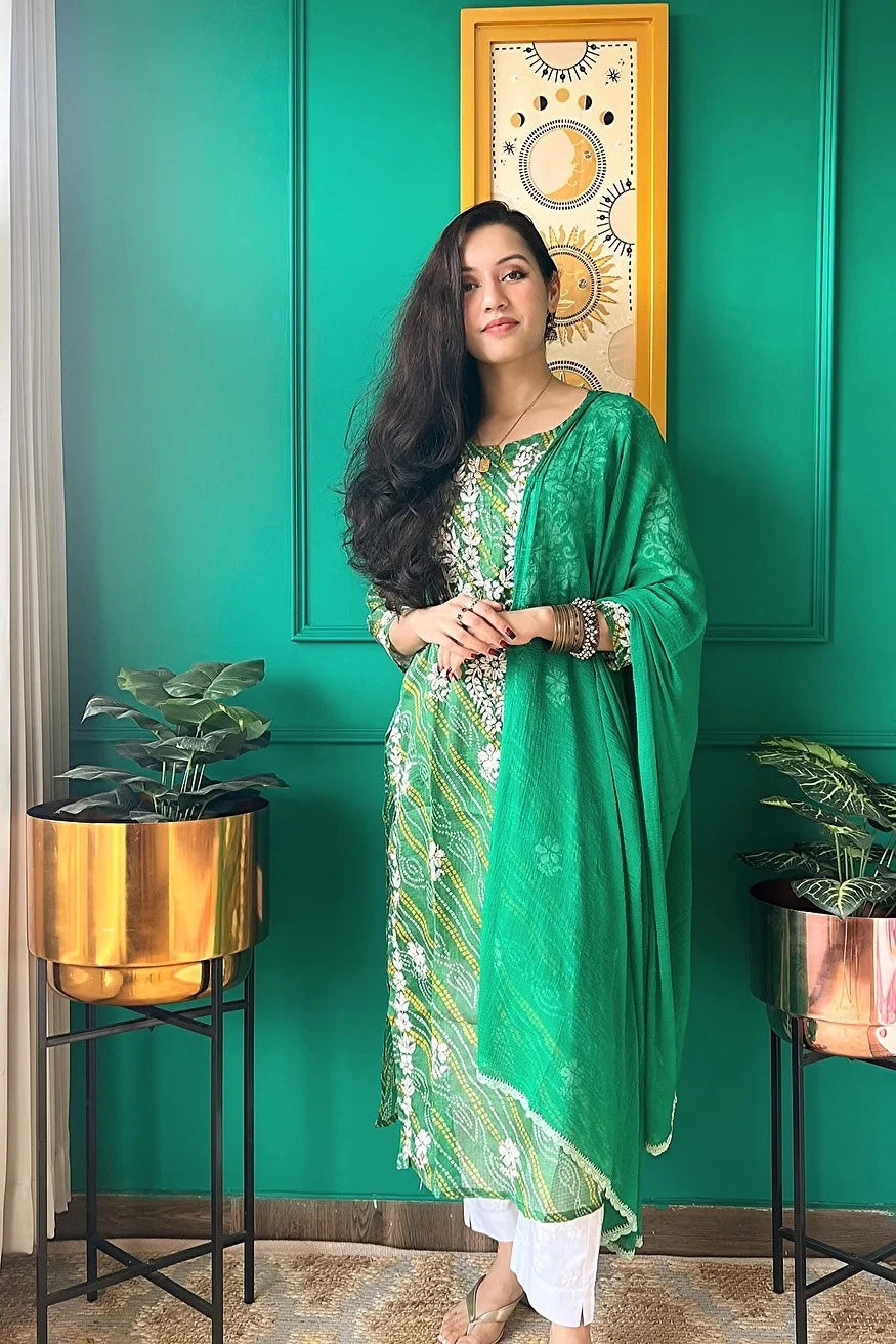 panna green bandhej chikan kurta 4