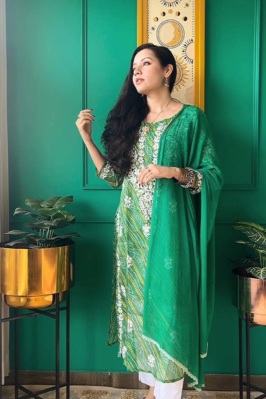 panna green bandhej chikan kurta 6