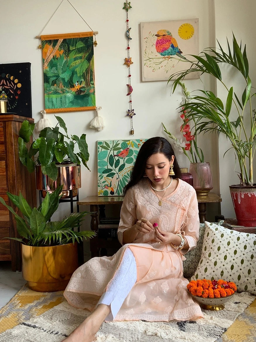 peach Angrakha chikankari Kurta m4