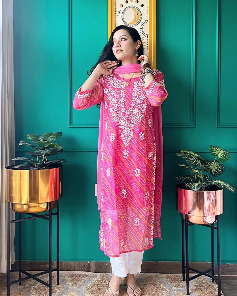 Young woman in Farhad Bandhej gulabi pink kurta