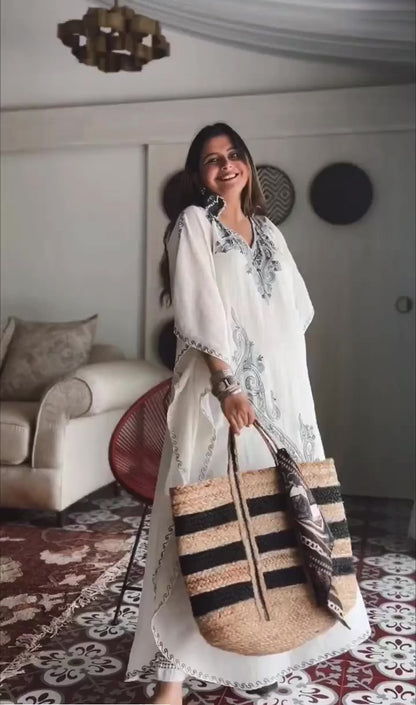 Ivory Kashmiri Embroidered Long Kaftan