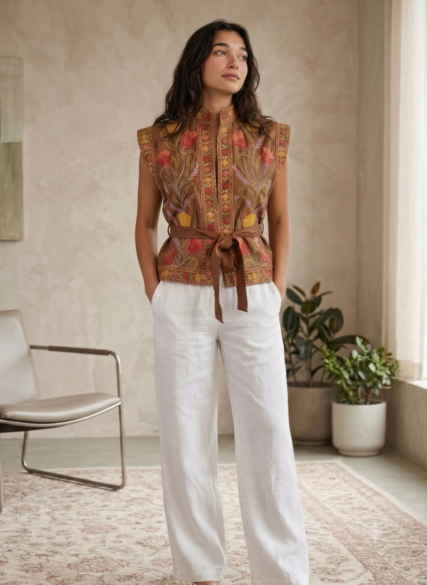 Raahat Mocha Kashmiri Cotton Kimono Short Jacket