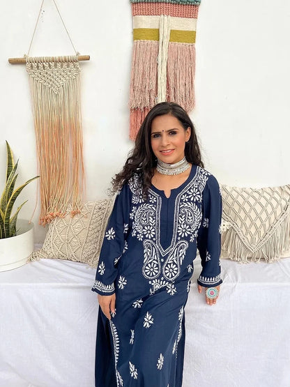 Bano Royal Blue Hand Embroidered Kurta