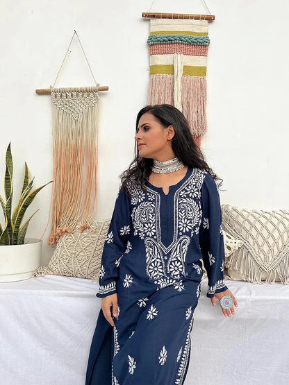 Bano Royal Blue Hand Embroidered Kurta