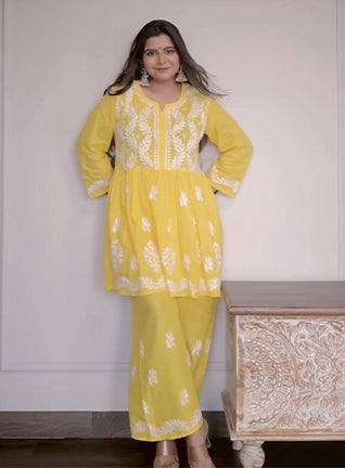Sara Yellow Short Chikankari Anarkali Cotton Kurta Set