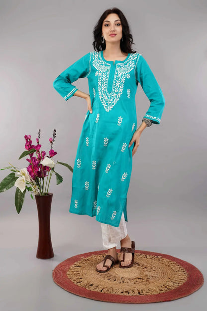 teal green chikankari kurta 5