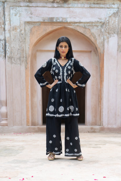 Zoya Black Flared Chikankari Kurta with Palazzo Set