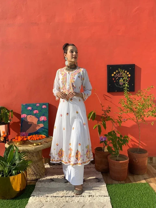 white multi embroidered flared kurta 1