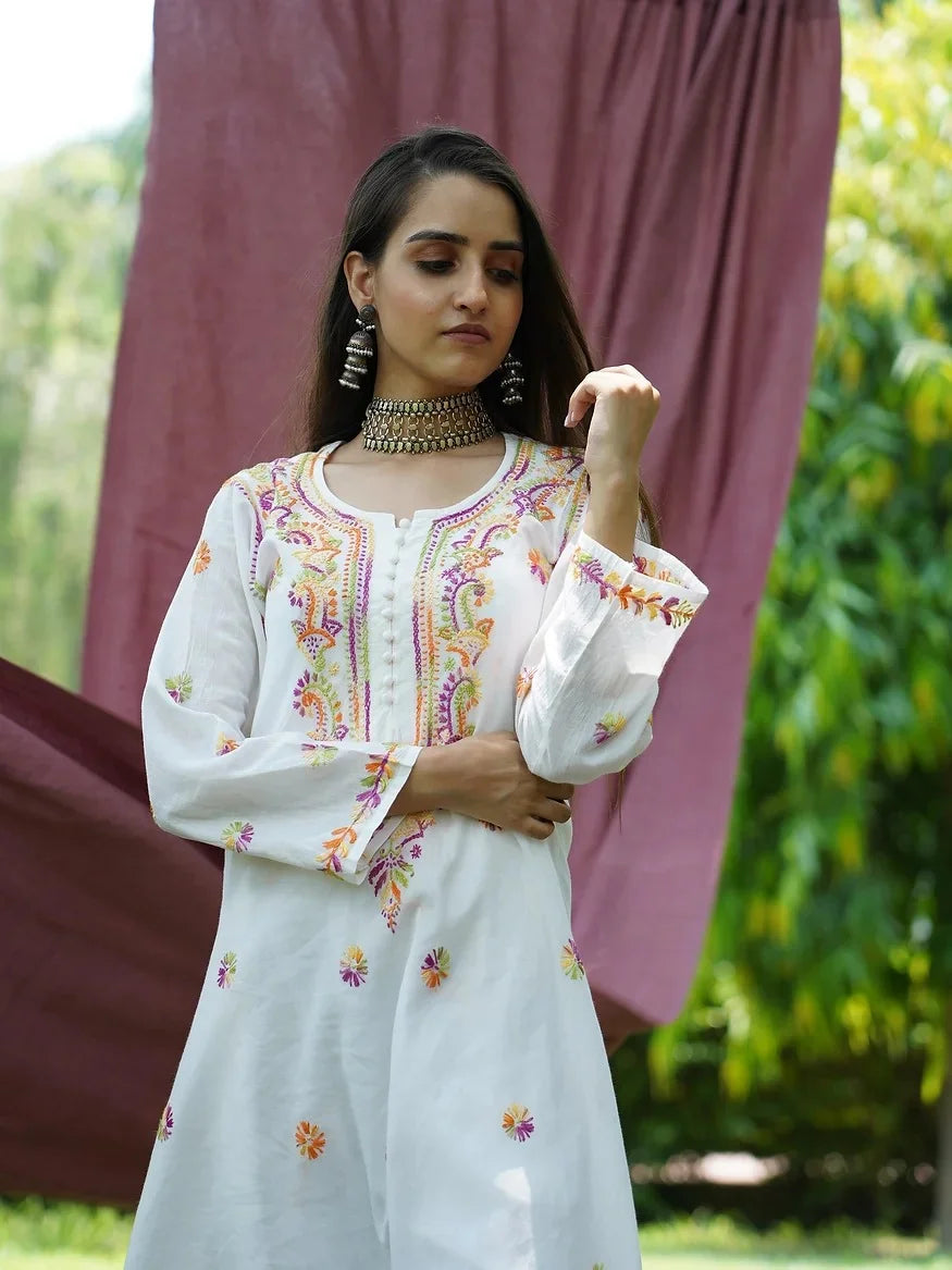 white multi embroidered flared kurta 10