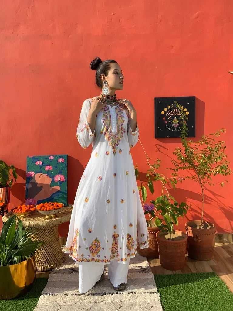 white multi embroidered flared kurta 4