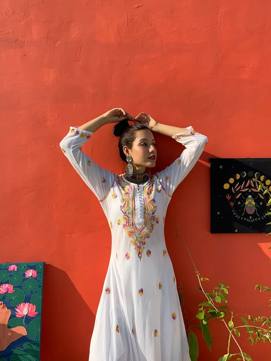 white multi embroidered flared kurta 5