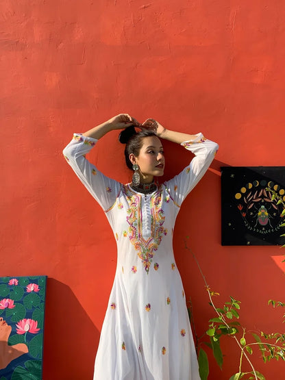 white multi embroidered flared kurta 5