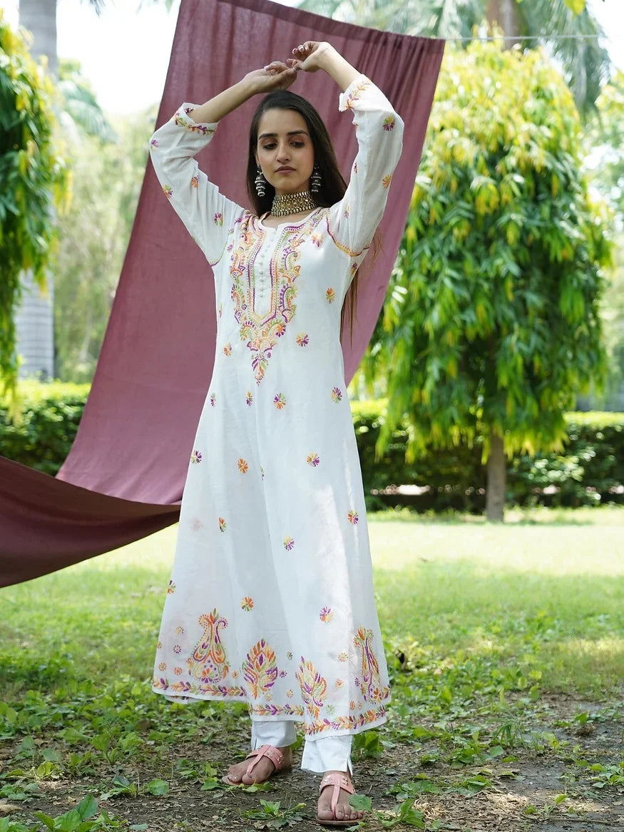 white multi embroidered flared kurta 6