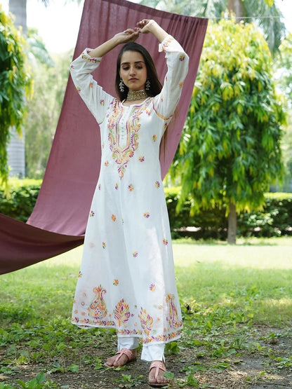 white multi embroidered flared kurta 6