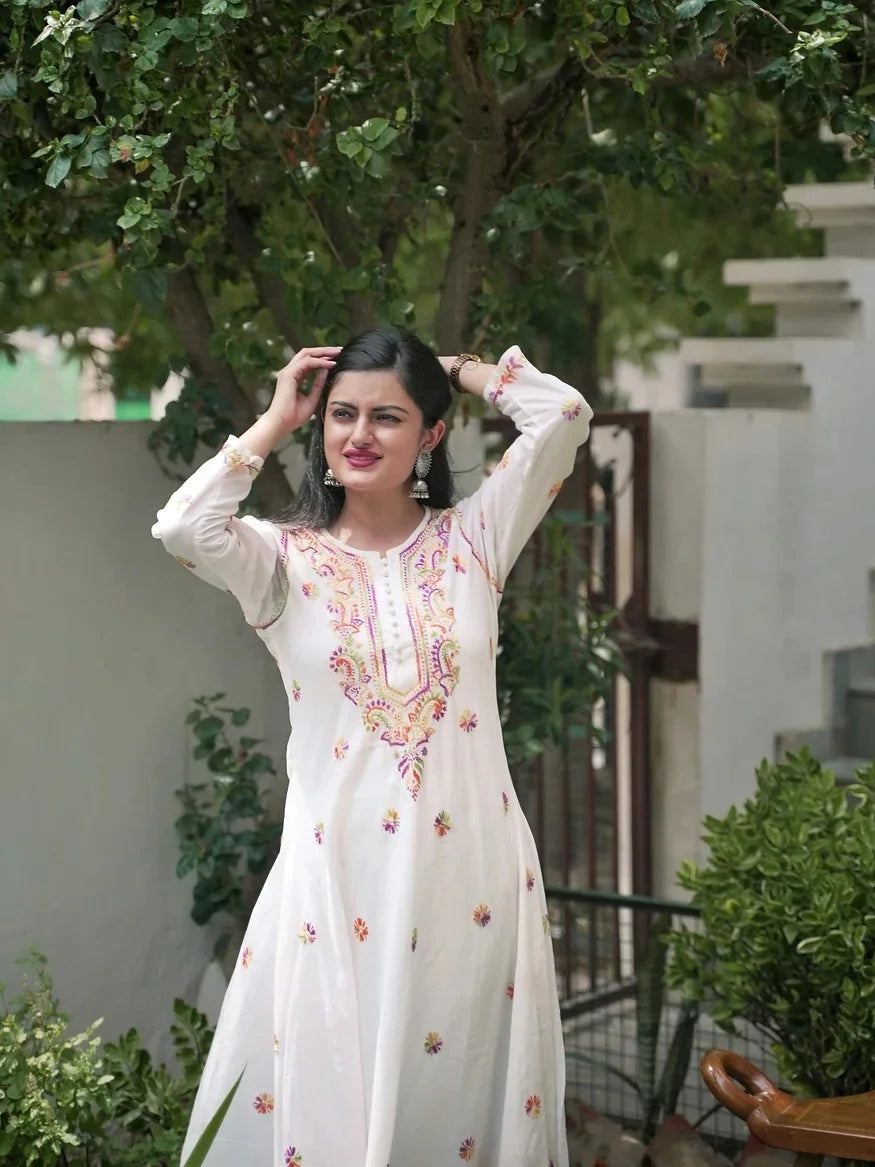 white multi embroidered flared kurta 7