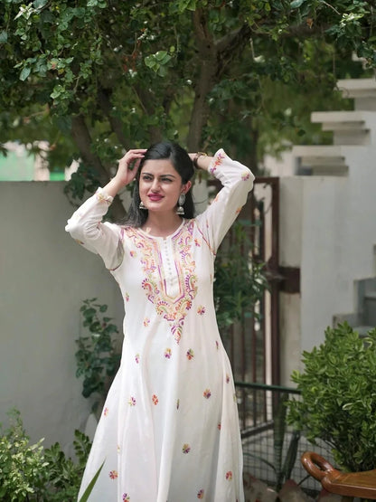 white multi embroidered flared kurta 7