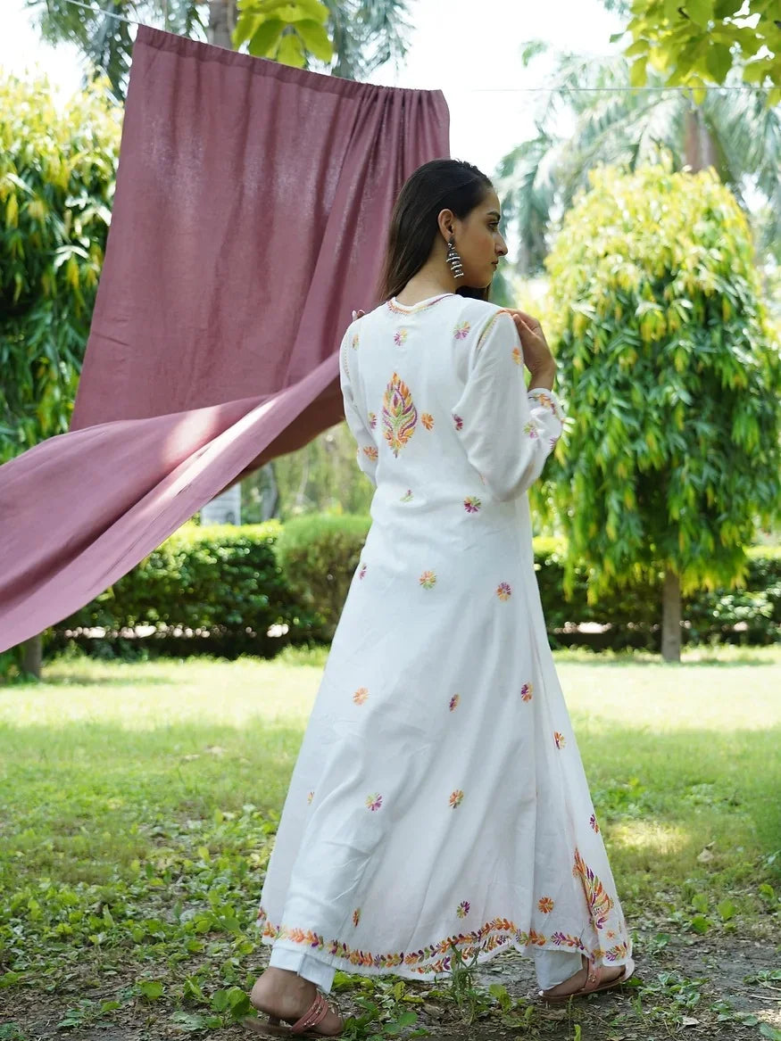 white multi embroidered flared kurta 8