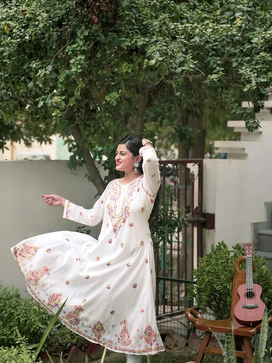 white multi embroidered flared kurta 9